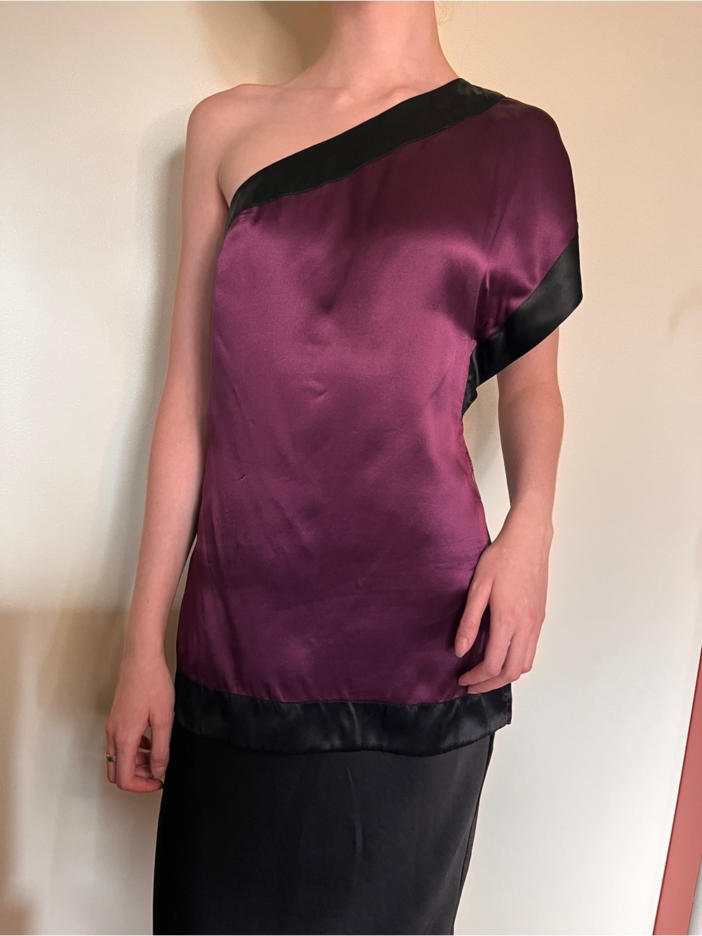 One-Shoulder Satin Camisole in Plum with Black Trim